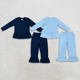 Matching  girls solid blue navy long sleeve ruffle clothing cotton