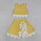 GSD3324 baby girls solid yellow sleeveless checkered bow skirt Outfits yoga