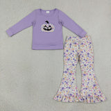 Matching girls Halloween pumpkin purple long sleeve ruffle clothing embroidery