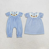 Matching Baby girls Thanksgiving turkey blue plaid long sleeve clothing smocked