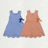 Matching Baby girls blue orange checkered sleeveless bow scalloped dress yoga