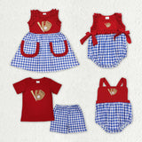 Matching  Baby boys girls baseball red blue checkered romper outfits embroidery