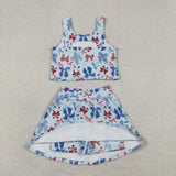 GSD3874 Girls July Fourth bow blue sleeveless skirt outfits yoga