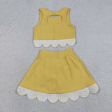 GSD3324 baby girls solid yellow sleeveless checkered bow skirt Outfits yoga