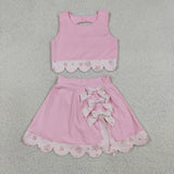GSD3321 baby girls solid pink sleeveless checkered bow skirt Outfits yoga