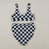 S0738 Adult women black checkered women summer swimsuit