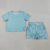 Matching Baby girls solid checkered short sleeve scalloped shorts outfits