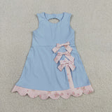 GSD3030 girls  pink bow blue sleeveless Dress yoga