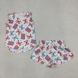 GSSO3520 girls July Fourth flage bow sleeveless shorts outfits
