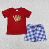 Matching  Baby boys girls baseball red blue checkered romper outfits embroidery