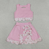GSD3321 baby girls solid pink sleeveless checkered bow skirt Outfits yoga