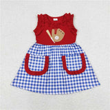 Matching  Baby boys girls baseball red blue checkered romper outfits embroidery