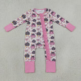 LR3061 baby girls leopard pumpkin bow pink long sleeve floral zipper romper