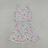 GSD3838 Girls colorful flower leaf sleeveless skirt outfits yoga
