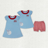 Matching Baby girls baseball blue short sleeve dress outfits embroidery