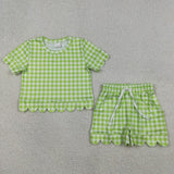 Matching Baby girls solid checkered short sleeve scalloped shorts outfits