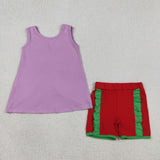 GSSO3465 girls purple sleeveless green bow red shorts outfits