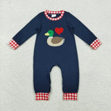 Matching Baby girls boys Valentine's love duck navy red checkered outfits embroidery