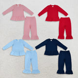 Matching  girls solid blue navy long sleeve ruffle clothing cotton