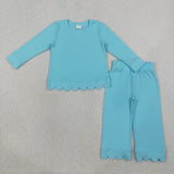 Matching Baby girls solid long sleve pant scalloped outfits cotton
