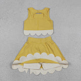 GSD3324 baby girls solid yellow sleeveless checkered bow skirt Outfits yoga