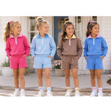 NO MOQ Sample girls solid zipper long sleeve shorts Set cotton
