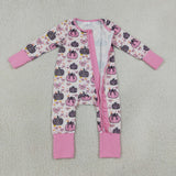 LR3061 baby girls leopard pumpkin bow pink long sleeve floral zipper romper