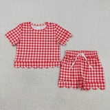 Matching Baby girls solid checkered short sleeve scalloped shorts outfits