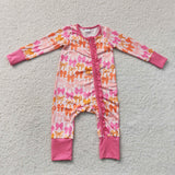 LR2567 baby girls bow long sleeve zipper rose floral romper