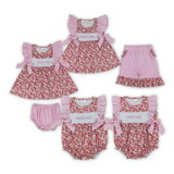 Matching Girls pink red flower summer romper outfits embroidery