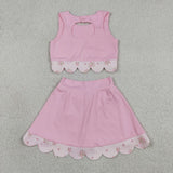 GSD3321 baby girls solid pink sleeveless checkered bow skirt Outfits yoga