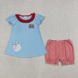 Matching Baby girls baseball blue short sleeve dress outfits embroidery