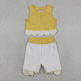 GSD3324 baby girls solid yellow sleeveless checkered bow skirt Outfits yoga