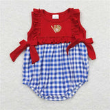 Matching  Baby boys girls baseball red blue checkered romper outfits embroidery