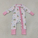 LR3071 baby girls duck bow pink long sleeve floral zipper romper