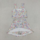 GSD3838 Girls colorful flower leaf sleeveless skirt outfits yoga