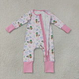 LR3071 baby girls duck bow pink long sleeve floral zipper romper
