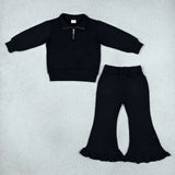 GLP3489 Girls solid black zipper long sleeve pant outfits sweatshirt material