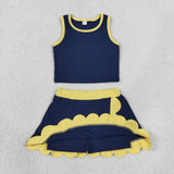 GSD4111 baby girls navy golden sleeveless scalloped skirt Outfits yoga