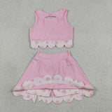 GSD3321 baby girls solid pink sleeveless checkered bow skirt Outfits yoga
