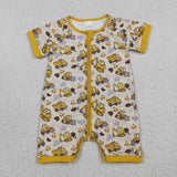 SR4183 baby boys Excavator yellow short sleeve zipper romper