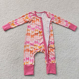 LR2567 baby girls bow long sleeve zipper rose floral romper