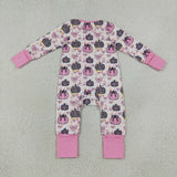 LR3061 baby girls leopard pumpkin bow pink long sleeve floral zipper romper