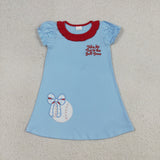 Matching Baby girls baseball blue short sleeve dress outfits embroidery
