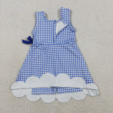 Matching Baby girls blue orange checkered sleeveless bow scalloped dress yoga