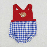 Matching  Baby boys girls baseball red blue checkered romper outfits embroidery