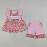 Matching Girls pink red flower summer romper outfits embroidery