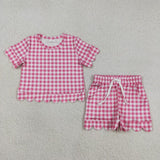 Matching Baby girls solid checkered short sleeve scalloped shorts outfits