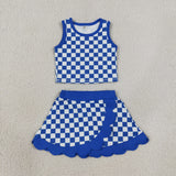GSD4110 baby girls blue checkered sleeveless scalloped skirt Outfits yoga