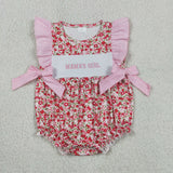 Matching Girls pink red flower summer romper outfits embroidery